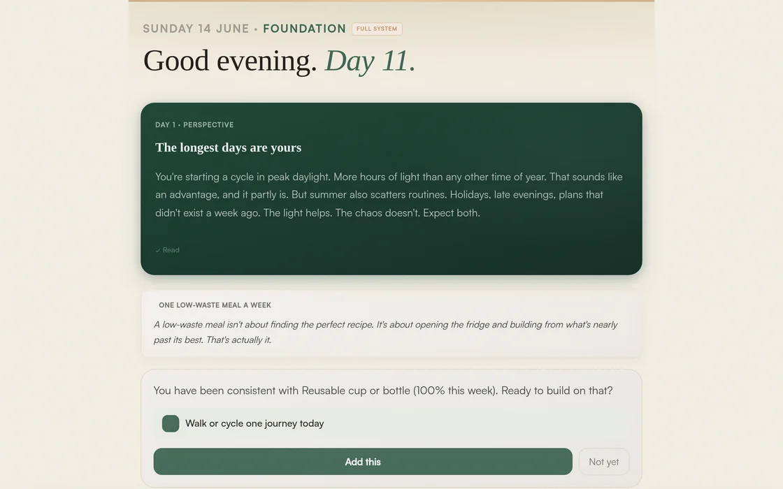 Calm Progress open in a browser on a laptop, showing the daily reframe and the system noticing your week