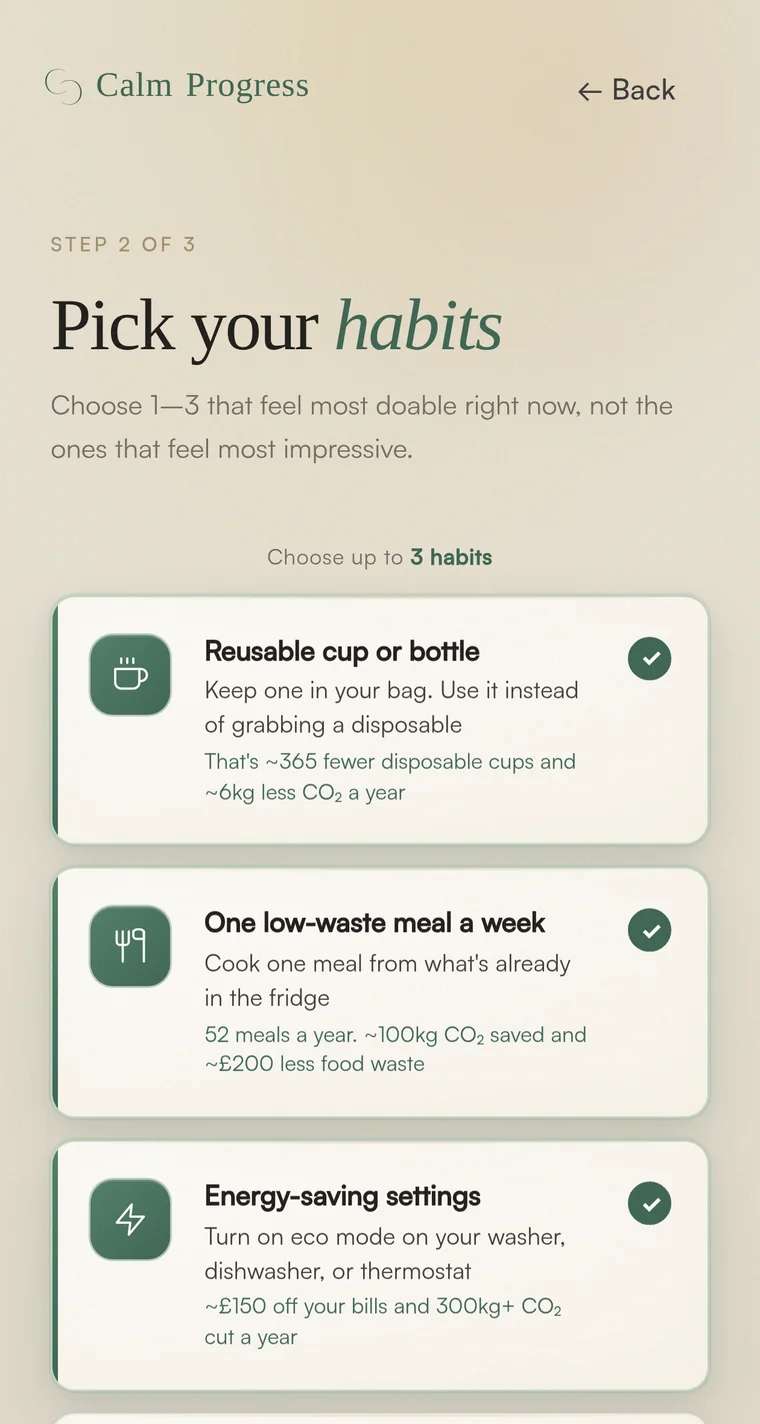 Calm Progress on a phone, choosing a few habits with their real cost and carbon saving