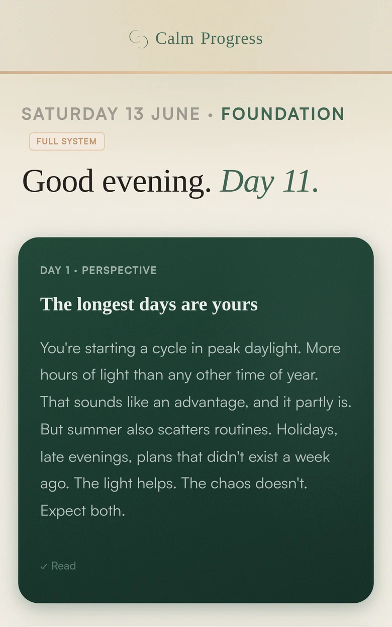 A morning reframe in the Calm Progress system